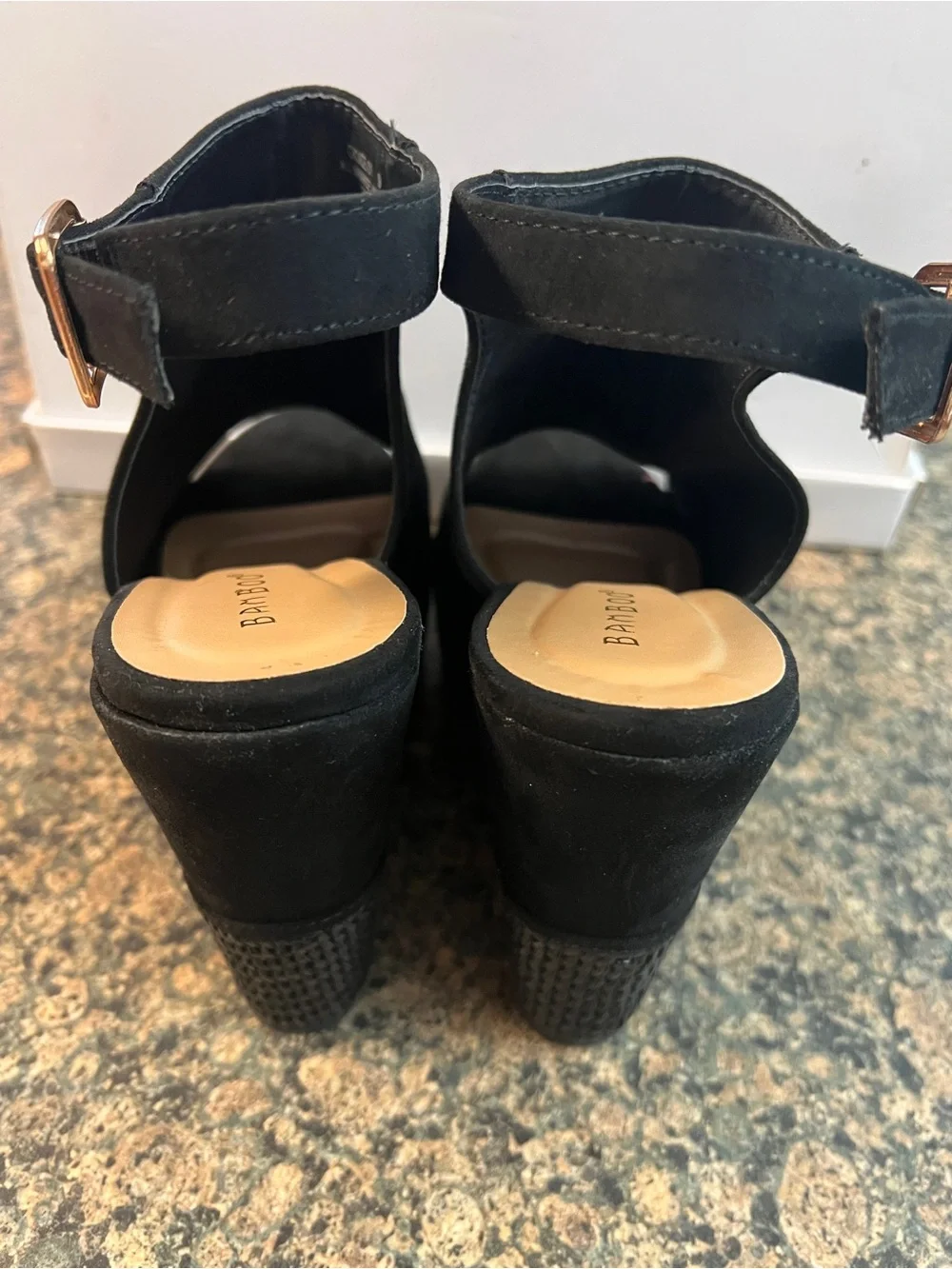 BAMBOO Black Suede Peep-Toe Wedge Sandals with Gold Buckle